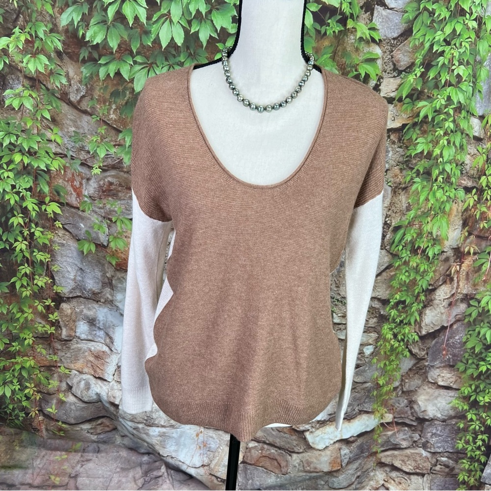 MADEWELL Oversized Colorblock Cream and Tan Merino Kimball Pullover Sweater, XS - Picture 6 of 13
